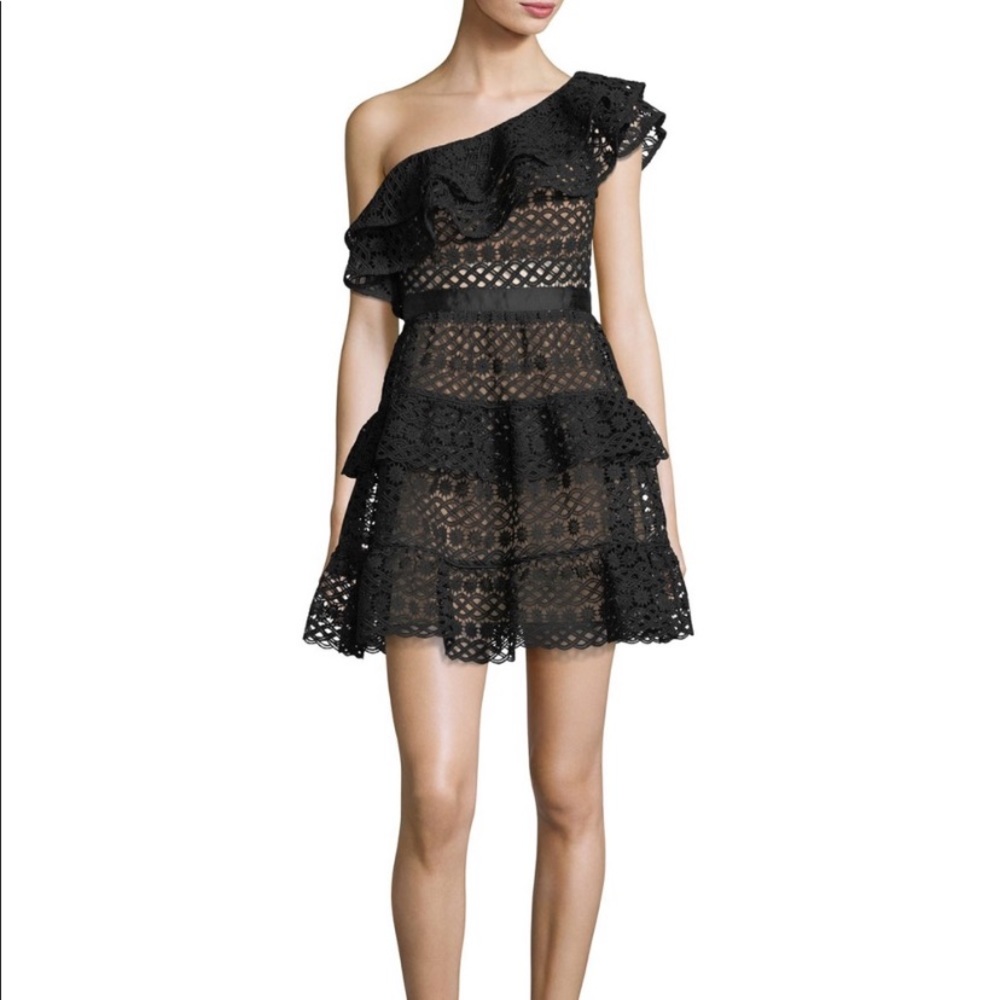 Self-Portrait One-Shoulder Tiered Guipure Dress